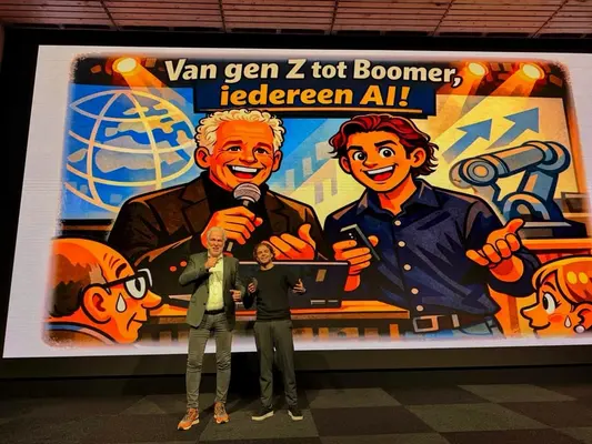 Twee sprekers voor een scherm met de titel Van gen Z tot Boomer, iedereen AI